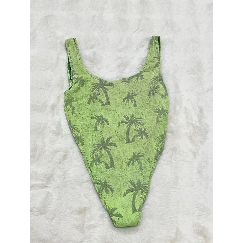 Vintage 80s 90s Neon Green Crinkle One Piece Swimsuit England